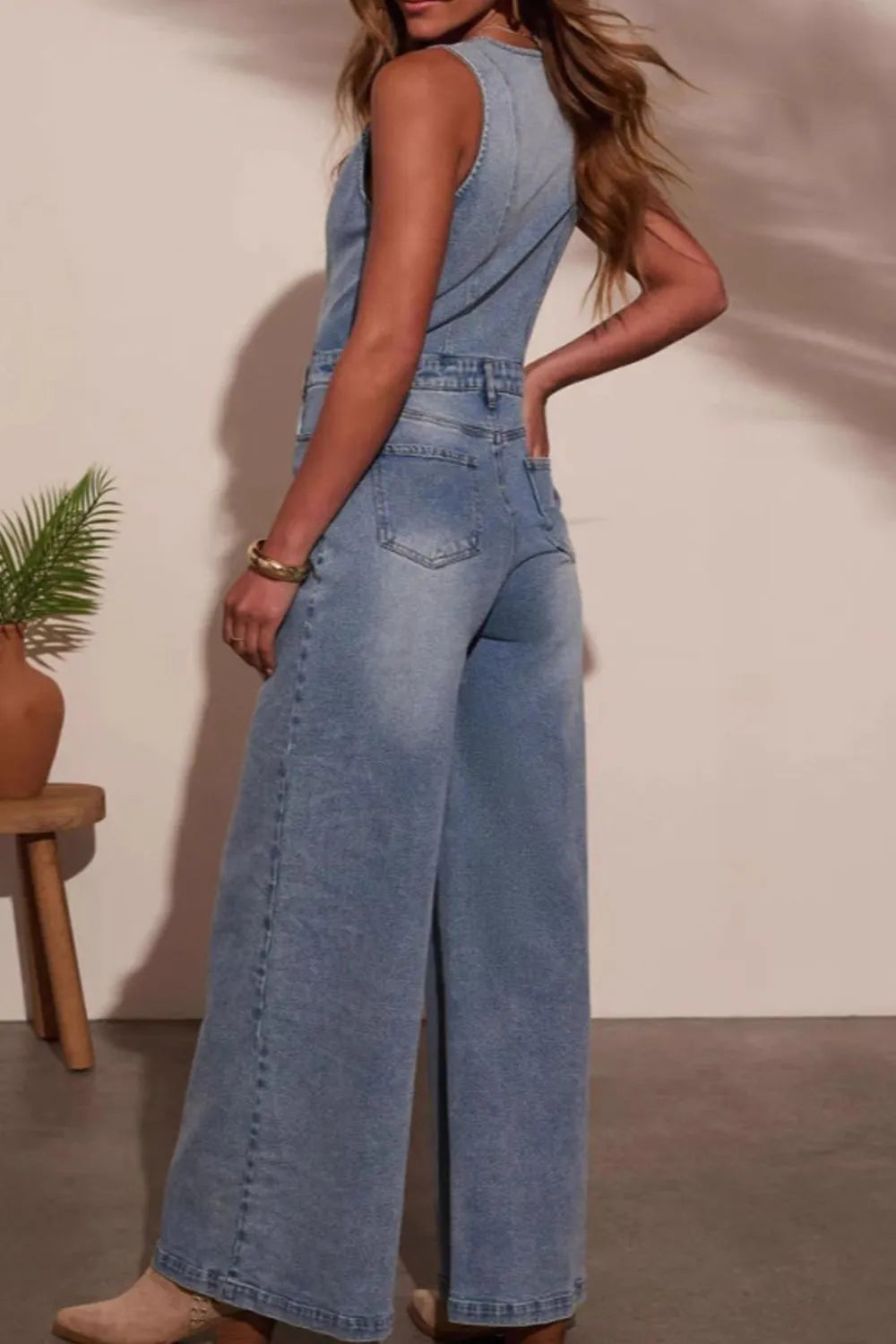 V-Neck Wide Leg Denim Jumpsuit - Jumpsuits