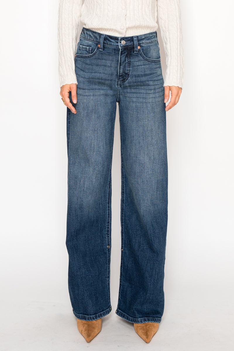 Tummy Control High-Rise A-Line Wide Leg Jeans — Dark Stone Wash Denim - Jeans