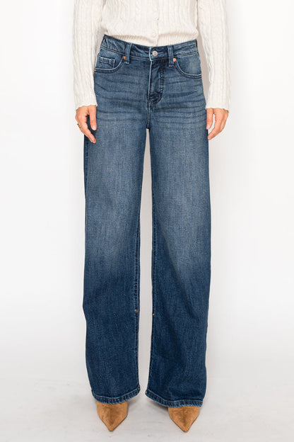 Tummy Control High-Rise A-Line Wide Leg Jeans — Dark Stone Wash Denim - Jeans