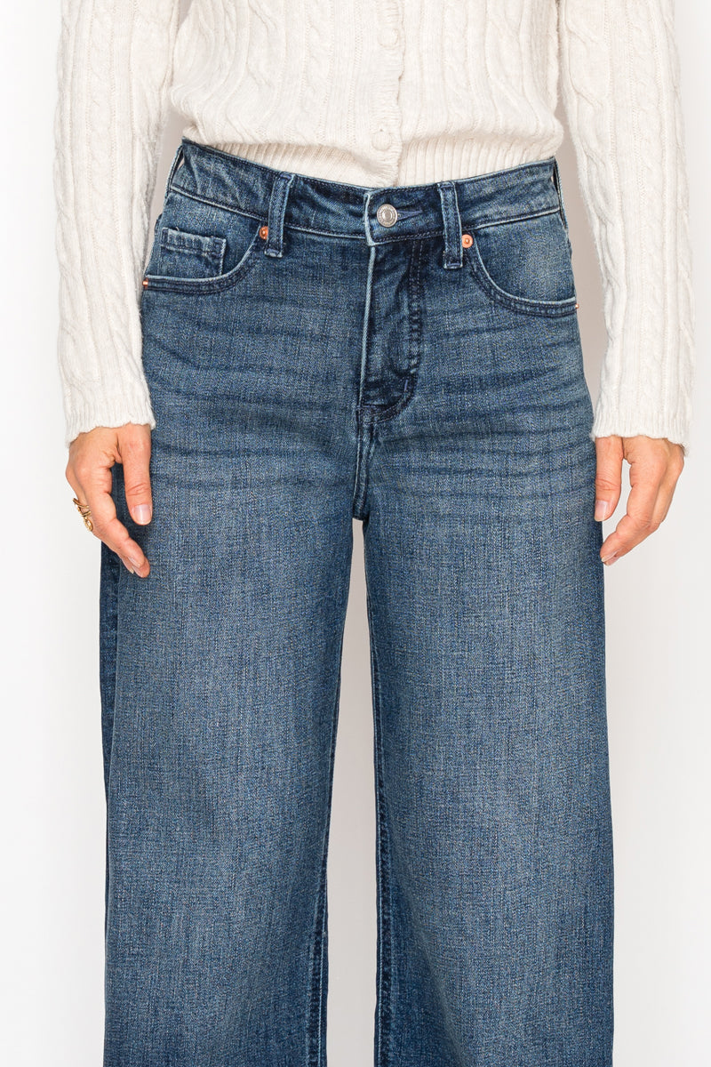 Tummy Control High-Rise A-Line Wide Leg Jeans — Dark Stone Wash Denim - Jeans