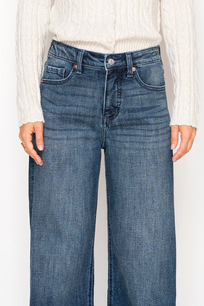 Tummy Control High-Rise A-Line Wide Leg Jeans — Dark Stone Wash Denim - Jeans