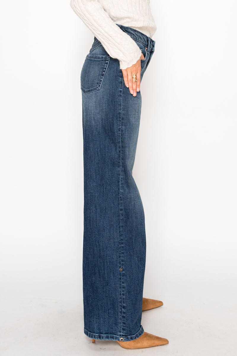 Tummy Control High-Rise A-Line Wide Leg Jeans — Dark Stone Wash Denim - Jeans
