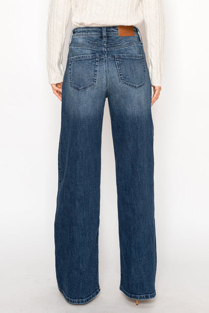 Tummy Control High-Rise A-Line Wide Leg Jeans — Dark Stone Wash Denim - Jeans