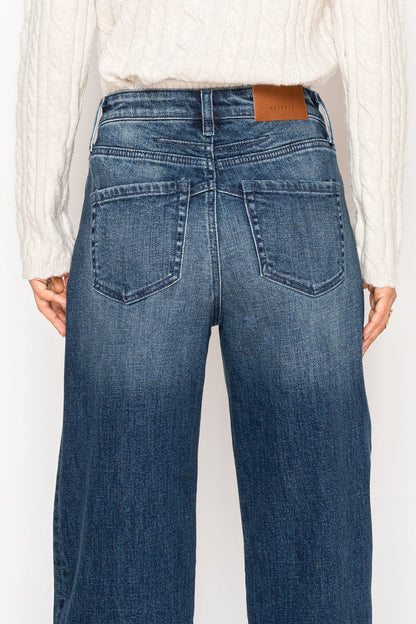 Tummy Control High-Rise A-Line Wide Leg Jeans — Dark Stone Wash Denim - Jeans