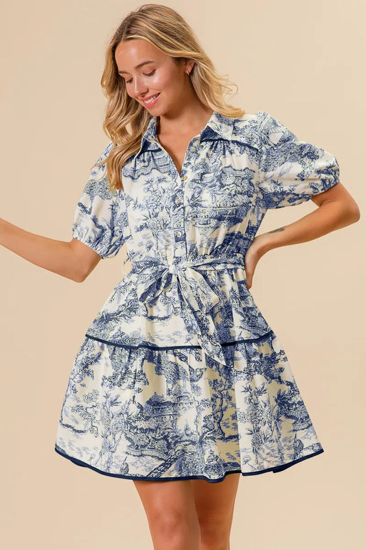 Woven Printed Tiered Mini Dress in Navy – NAVY outfit idea for women | Ro + Ivy