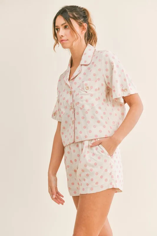 Polka Dot Collar Crop Top And Short Lounge Set - Loungewear