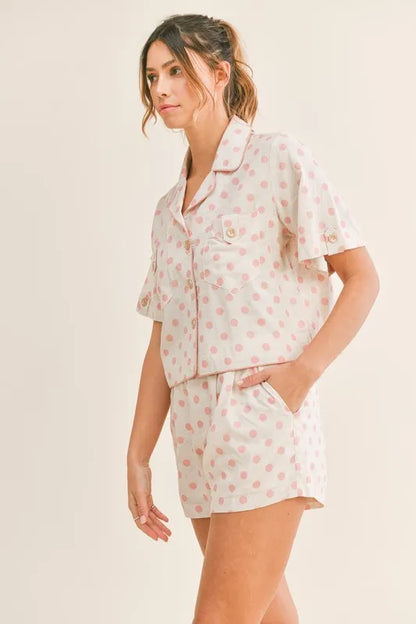 Polka Dot Collar Crop Top And Short Lounge Set - Loungewear