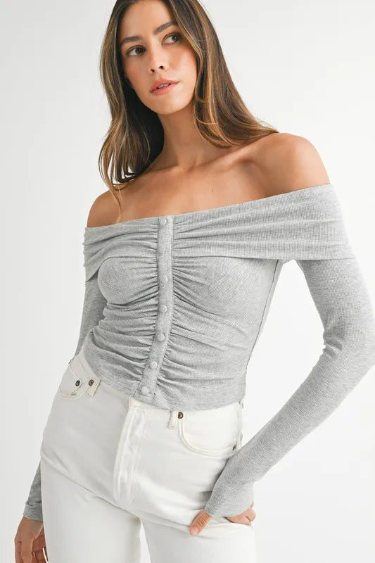 Light Gray Off-Shoulder Ruched Button Up Long Sleeve Top | Trendy Tops Outfit Idea for Women by Ro + Ivy | Elevated Basics, Modern Comfort & Style