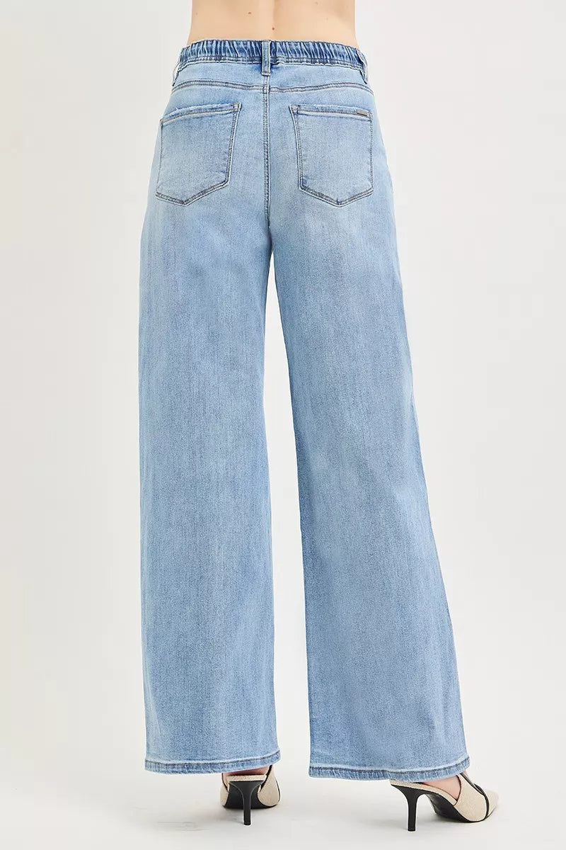 Elastic Waist Drawstring Slouchy Wide Leg Jeans — Relaxed Comfortable Casual Everyday Style - Jeans