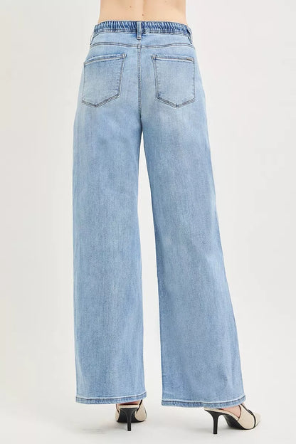 Elastic Waist Drawstring Slouchy Wide Leg Jeans — Relaxed Comfortable Casual Everyday Style - Jeans