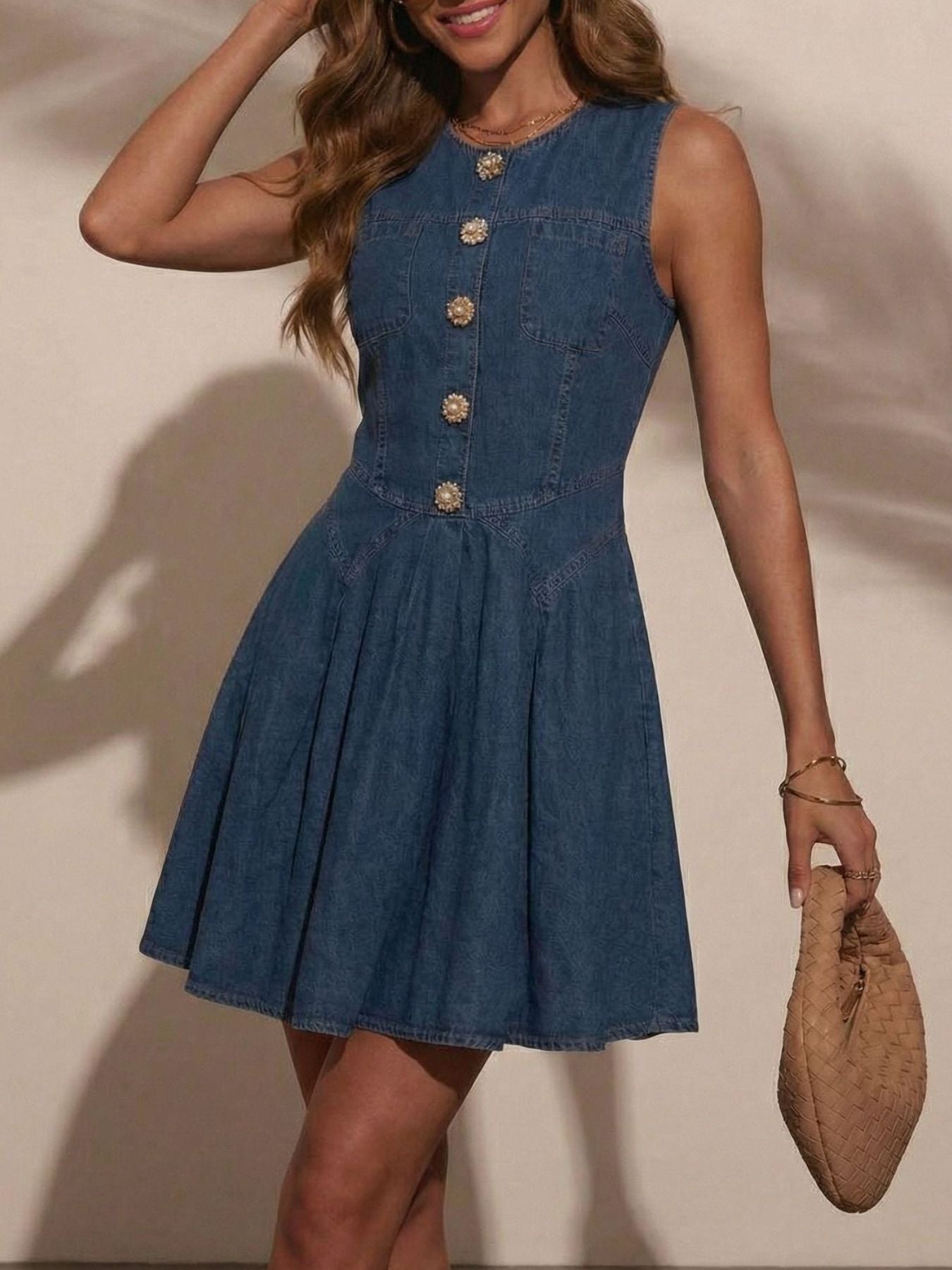 Women's Button Decor Sleeveless Denim Mini Dress - Mini Dresses