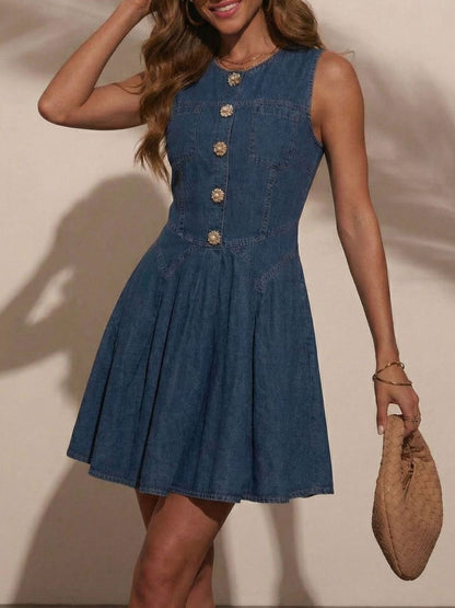 Women's Button Decor Sleeveless Denim Mini Dress - Mini Dresses