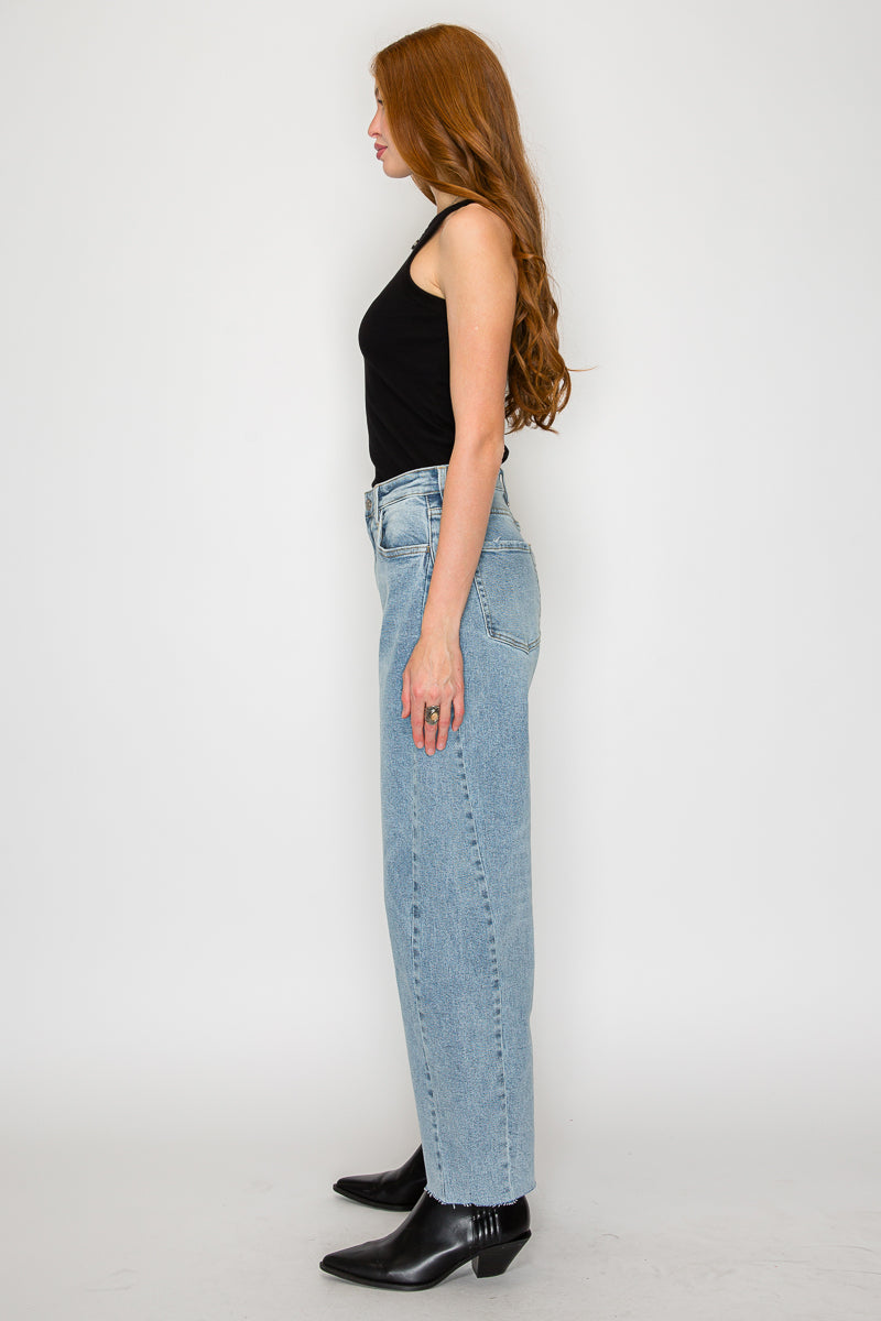 High-Waisted Barrel Leg Jeans — Light Wash Cotton Blend Raw Hem - Jeans