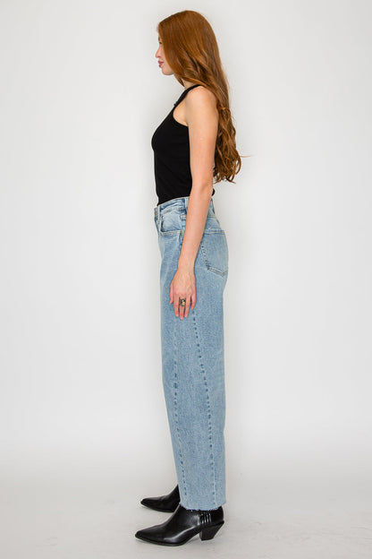 High-Waisted Barrel Leg Jeans — Light Wash Cotton Blend Raw Hem - Jeans