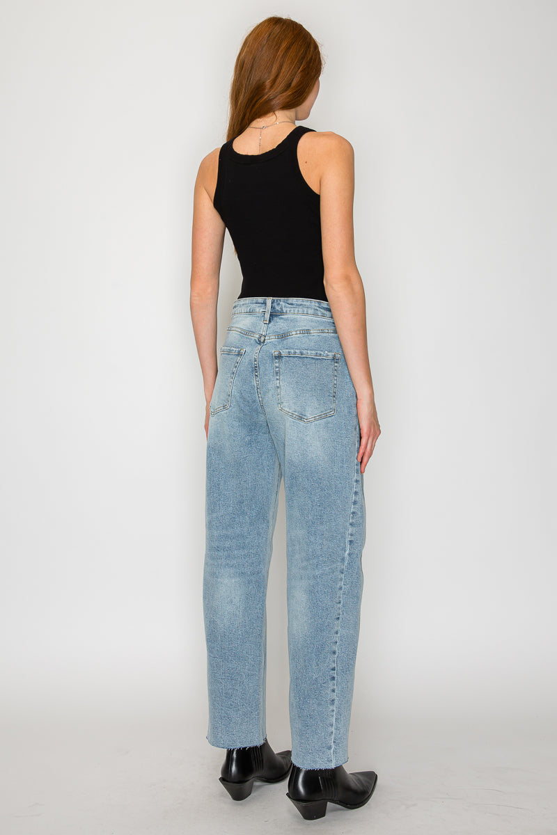 High-Waisted Barrel Leg Jeans — Light Wash Cotton Blend Raw Hem - Jeans