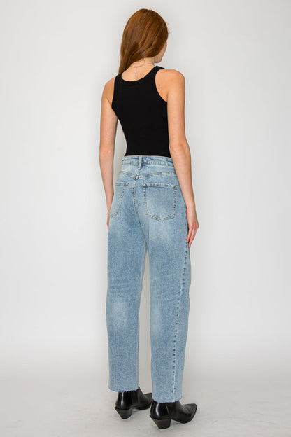 High-Waisted Barrel Leg Jeans — Light Wash Cotton Blend Raw Hem - Jeans