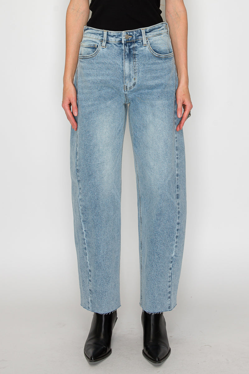 High-Waisted Barrel Leg Jeans — Light Wash Cotton Blend Raw Hem - Jeans