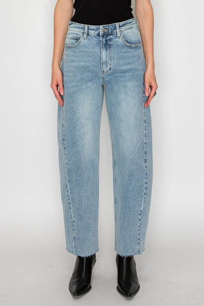 High-Waisted Barrel Leg Jeans — Light Wash Cotton Blend Raw Hem - Jeans