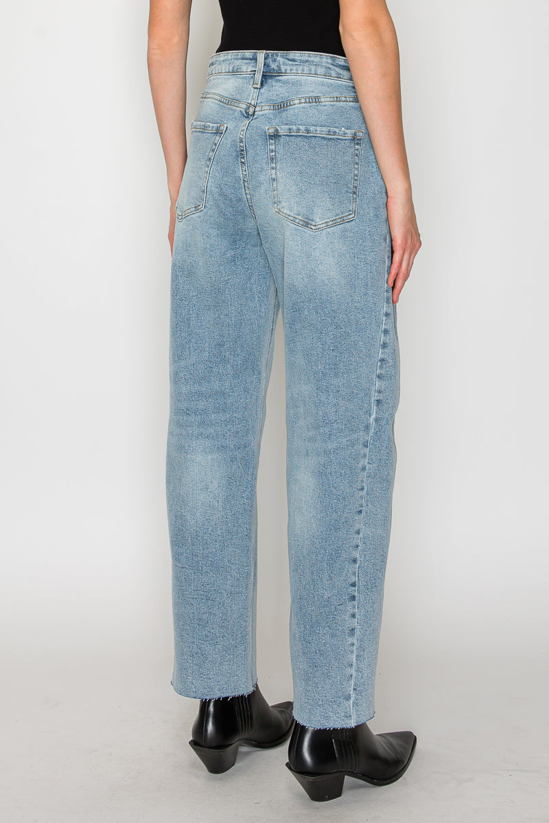 High-Waisted Barrel Leg Jeans — Light Wash Cotton Blend Raw Hem - Jeans
