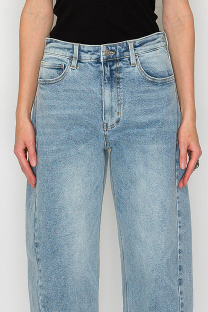 High-Waisted Barrel Leg Jeans — Light Wash Cotton Blend Raw Hem - Jeans