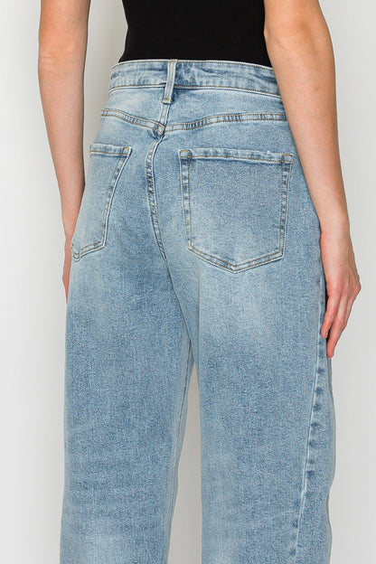 High-Waisted Barrel Leg Jeans — Light Wash Cotton Blend Raw Hem - Jeans