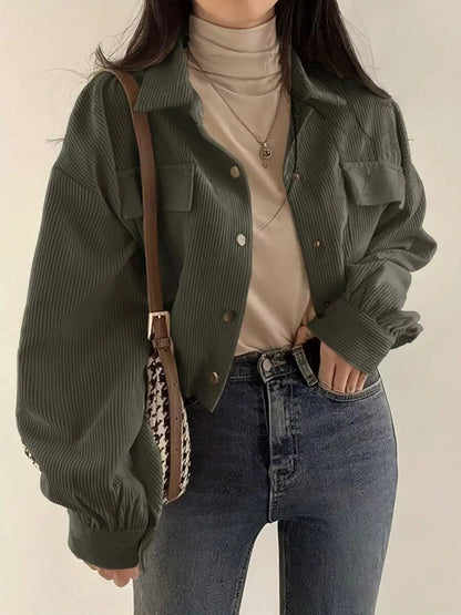 Corduroy Snap Button Cropped Jacket Army Green