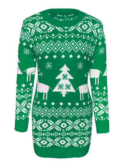 Christmas-Themed Round Neck Long-Sleeve Mini Sweater Dress