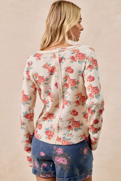 Oatmeal Washed Floral Long Sleeve Waffle Thermal Top with Sleeve Thumb Hole | Trendy Tops Outfit Idea for Women by Ro + Ivy | Elevated Basics, Modern Comfort & Style