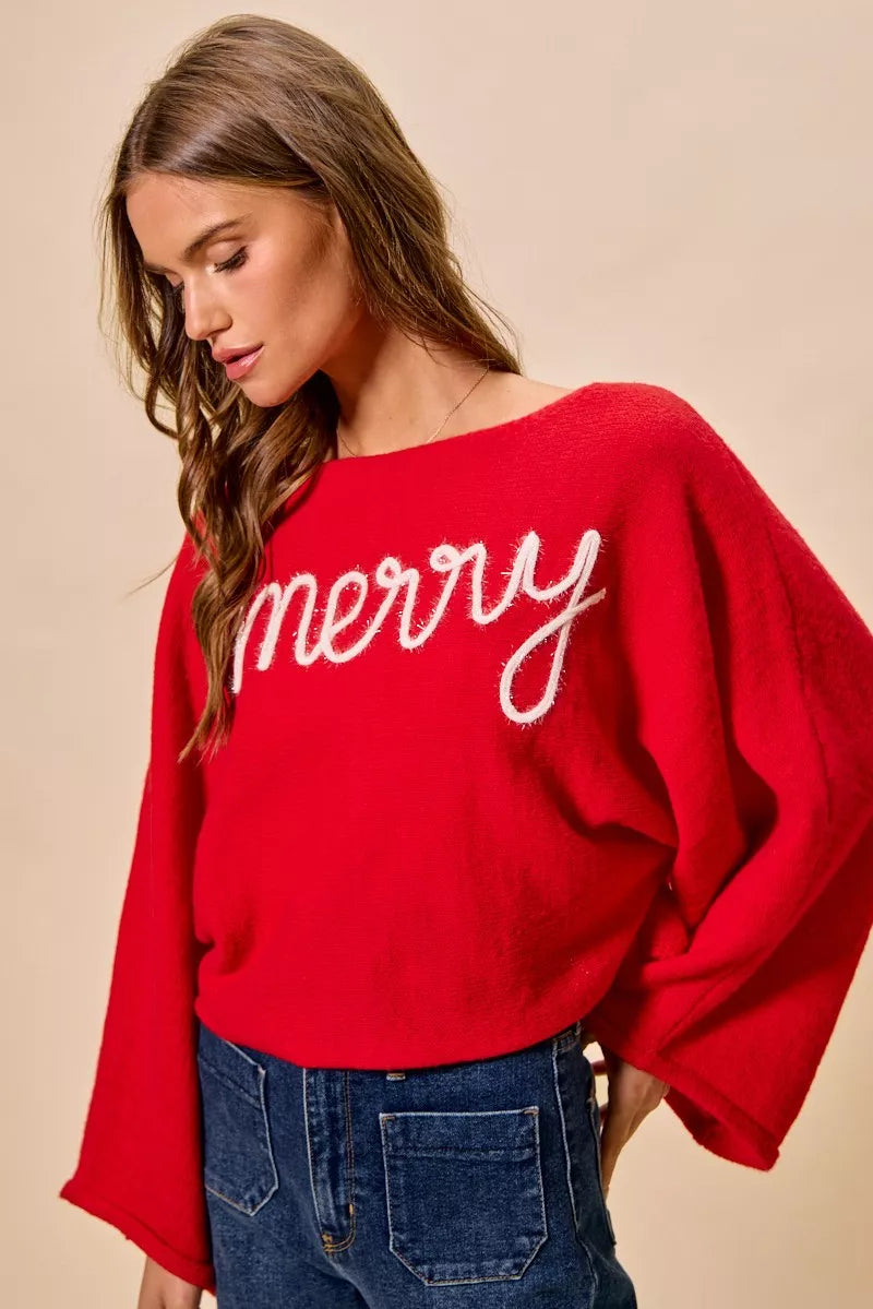 Red "Merry" Lettering Lightweight Boatneck Christmas Top | Trendy Tops Outfit Idea for Women by Ro + Ivy | Elevated Basics, Modern Comfort & Style