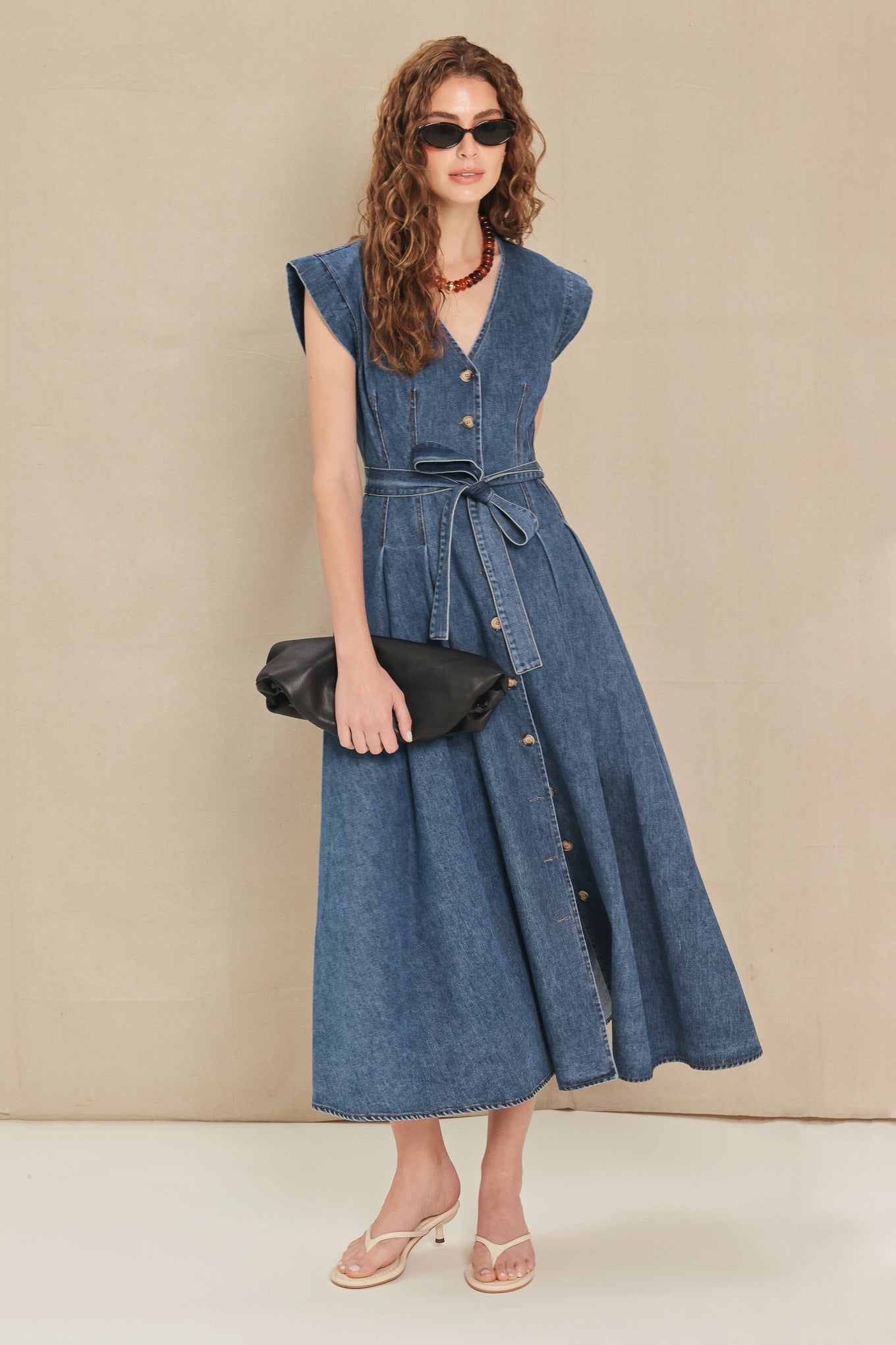 Short Sleeve Pleated Denim Midi Dress with Pockets