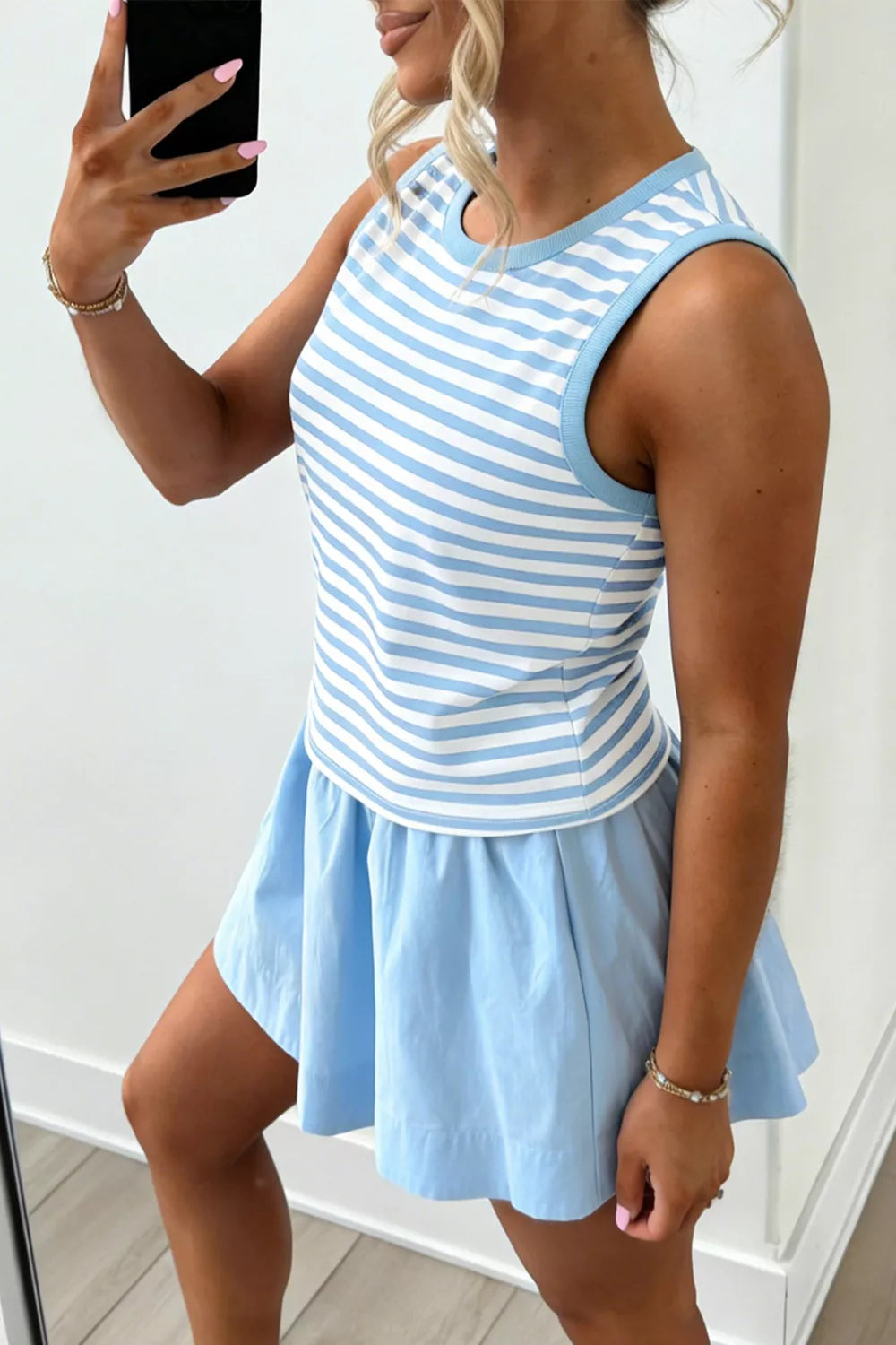 Women's Striped Slim Tank Contrast Ruffle Mini Skort Set - Matching Sets