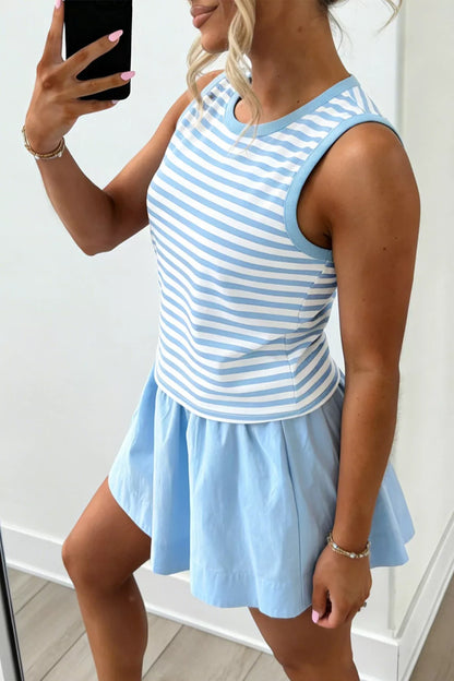 Women's Striped Slim Tank Contrast Ruffle Mini Skort Set - Matching Sets