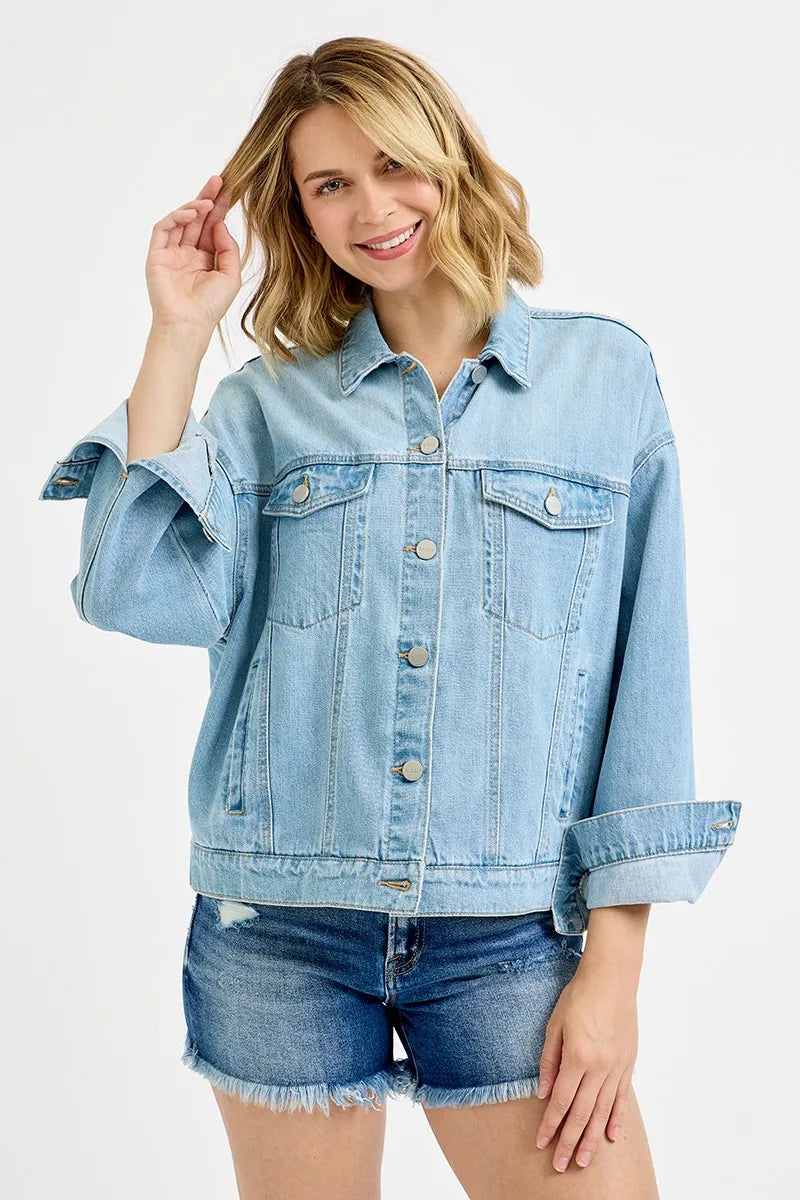 Dropped Shoulder Button Up Washed Denim Jacket | Trendy Denim Jackets Outfit Idea for Women by Ro + Ivy | Elevated Basics, Modern Comfort & Style