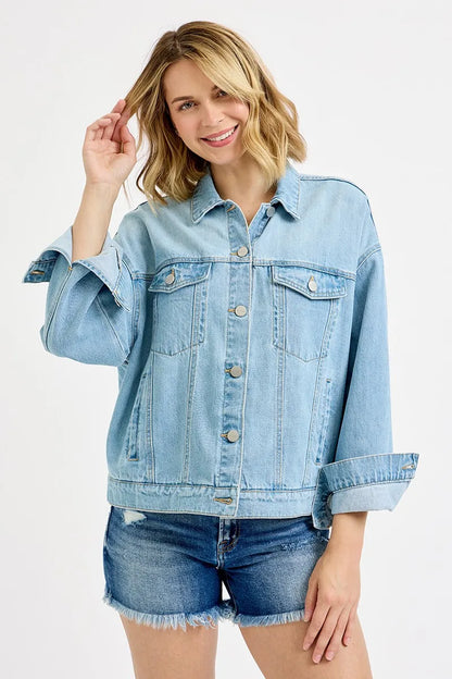 Dropped Shoulder Button Up Washed Denim Jacket | Trendy Denim Jackets Outfit Idea for Women by Ro + Ivy | Elevated Basics, Modern Comfort & Style