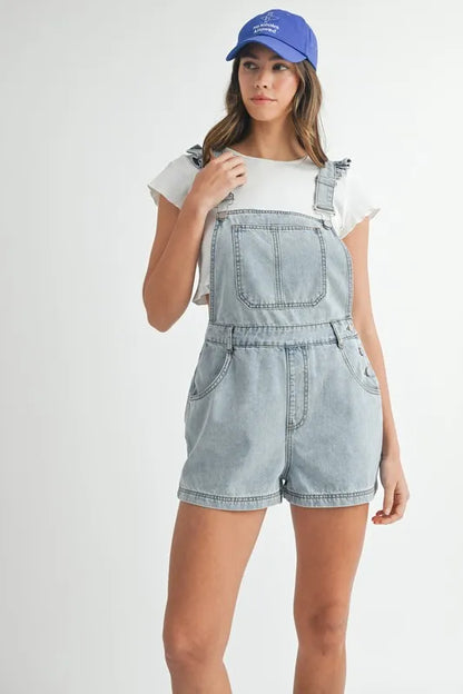 Square Neck Ruffle Shoulder Denim Overall Romper - Rompers