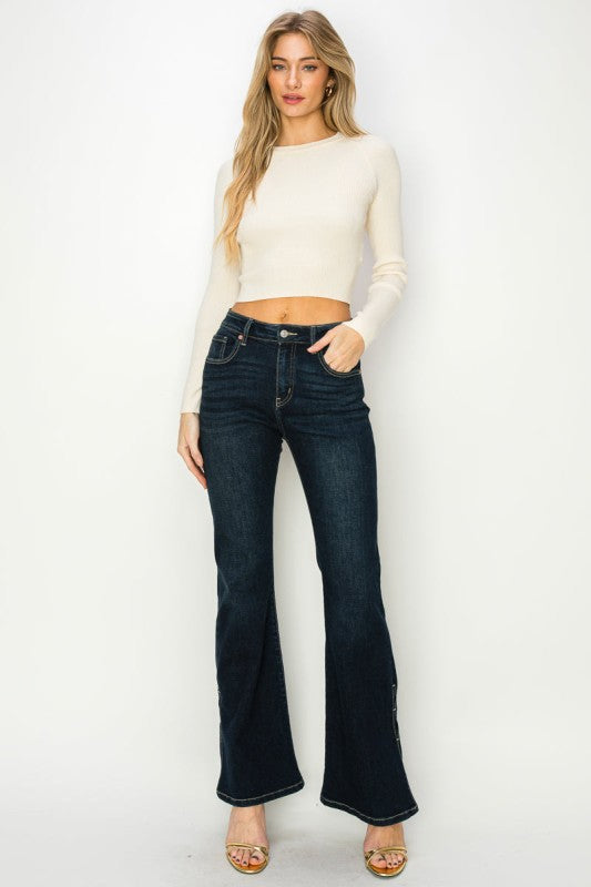 As Shown Dark Wash High Rise Flare Jeans | Trendy Jeans Outfit Idea for Women by Ro + Ivy | Elevated Basics, Modern Comfort & Style