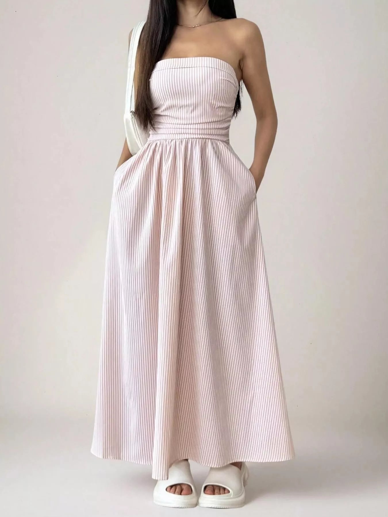 Strapless Featherweight Cotton Striped Maxi Dress - Orange Maxi Dresses