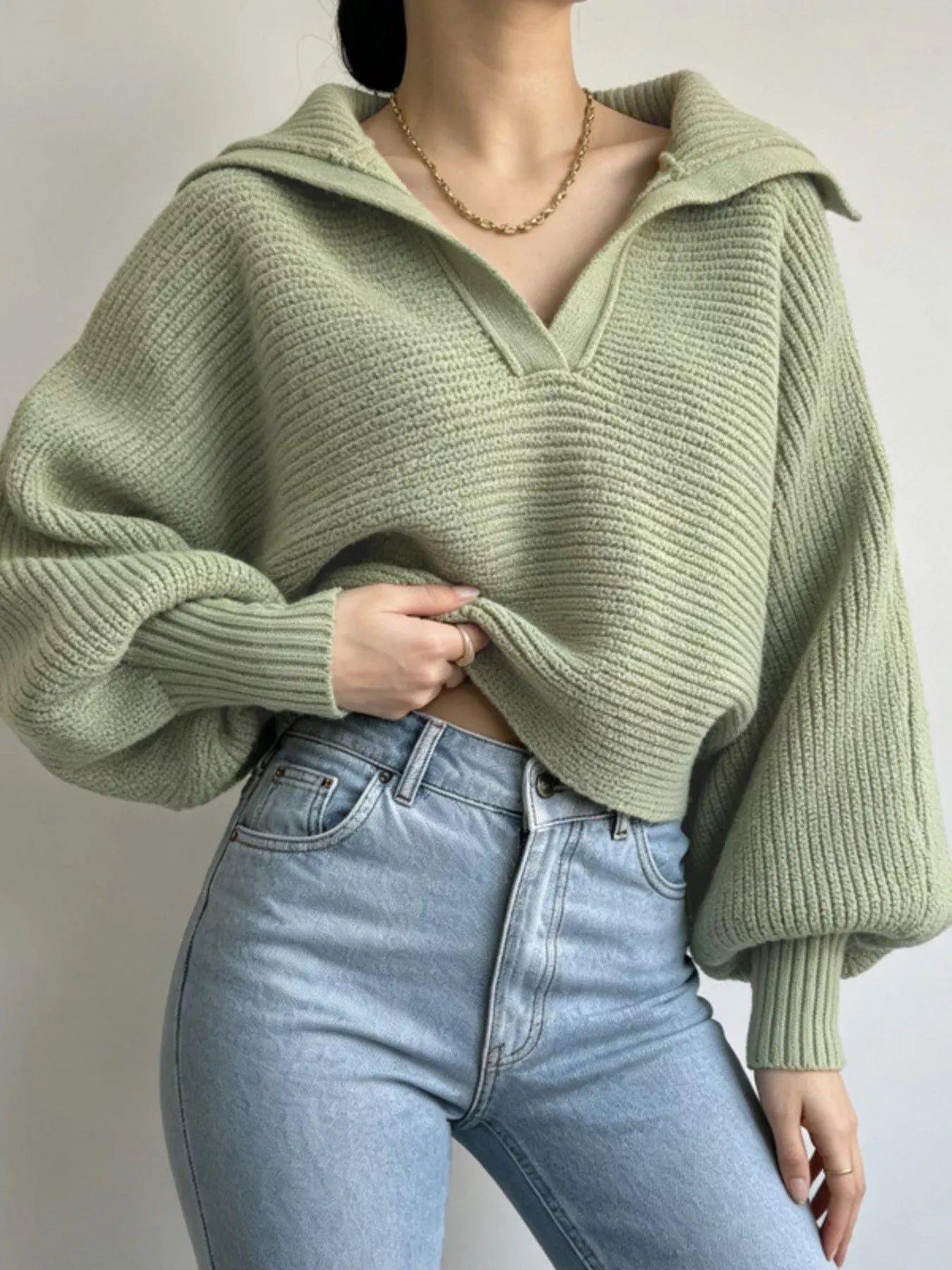 Oversized Collar Ribbed Cropped Sweater Green