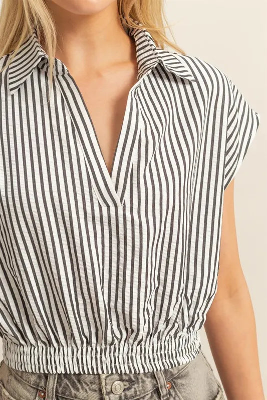 Striped Elastic Hem Johnny Collar Cap Sleeve Blouse – outfit idea for women | Ro + Ivy