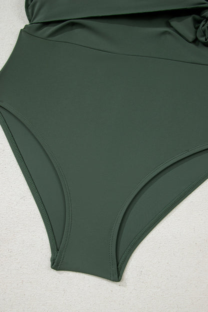 Solid Wrap Tie Waist Square Neck A-Line Swim Dress — Slimming Silhouette Elegant Beach Style - Swimwear