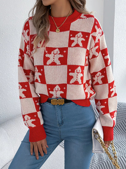 Christmas Checkerboard Gingerbread Print Round Neck Sweater Red