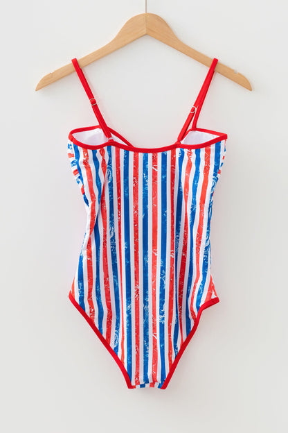 Americana Stars & Stripes Cutout Spaghetti Strap One-Piece Swimsuit — Patriotic Floral Accent Summery Style - One-Piece Swimsuits