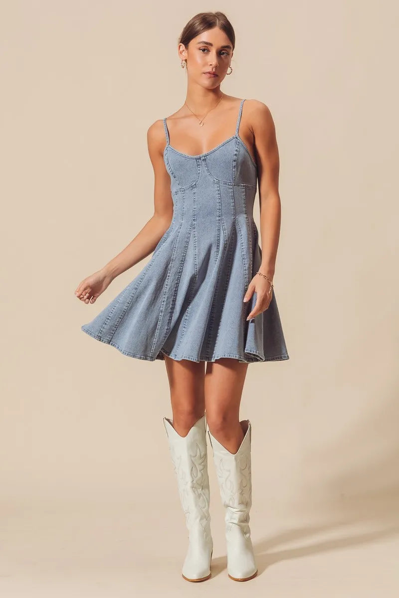 A Line Fit And Flare Denim Bow Ties Mini Dress | Trendy Mini Dresses Outfit Idea for Women by Ro + Ivy | Elevated Basics, Modern Comfort & Style