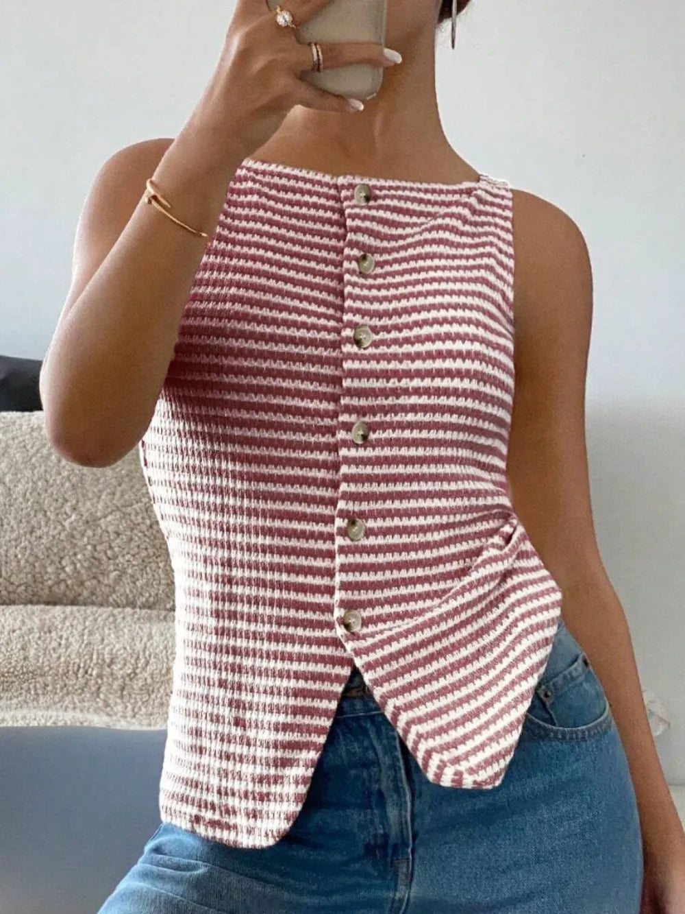Women's Button Down Striped Tank Top - Tank Tops