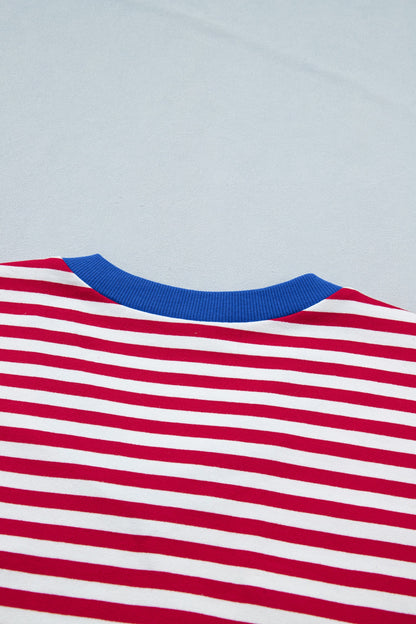 Striped V-Neck Contrast Trim Tee & Matching Shorts Two-Piece Set — Cute Casual Style - Short Sets