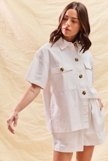 Button-Down Denim Shirt & Matching Shorts Two-Piece Set — Chic Casual Game Day Style - Outfit Sets