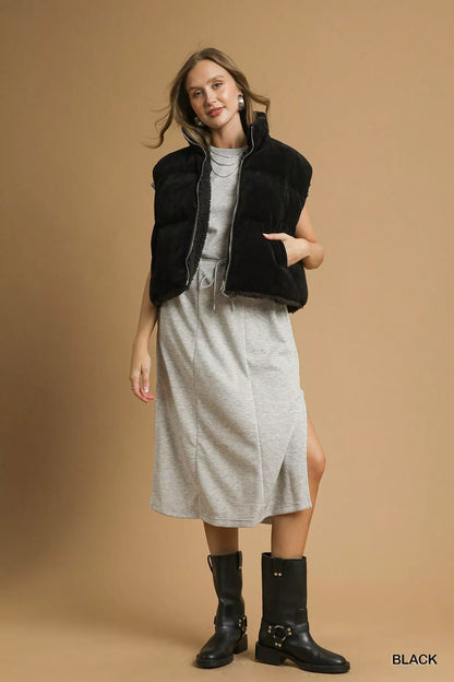 Drawstring Hem Sherpa-Lined Zip Up Vest in Black | Trendy Vests Outfit Idea for Women by Ro + Ivy | Elevated Basics, Modern Comfort & Style