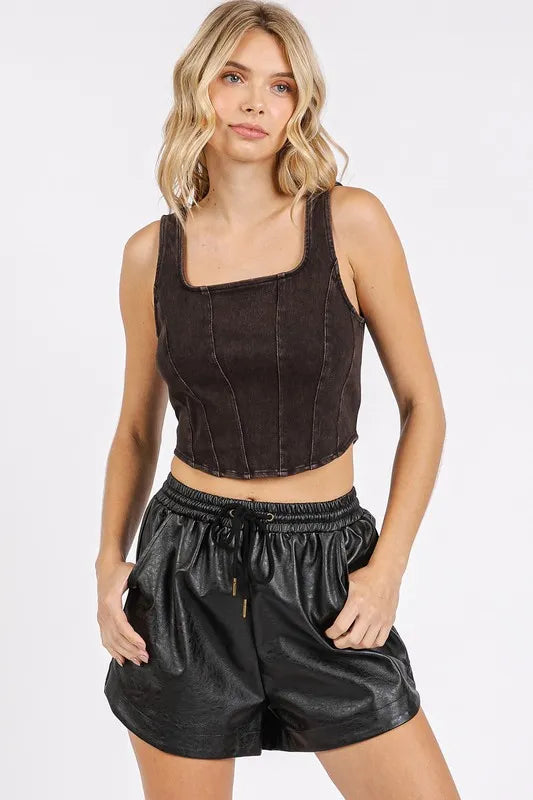Mineral Wash Corset Knit Top - Black Knit Tops