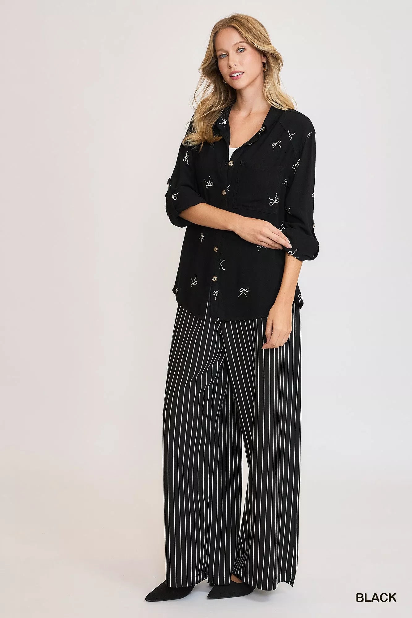 Ribbon Linen Blend Button Up Shirt in Black | Trendy Shirts Outfit Idea for Women by Ro + Ivy | Elevated Basics, Modern Comfort & Style