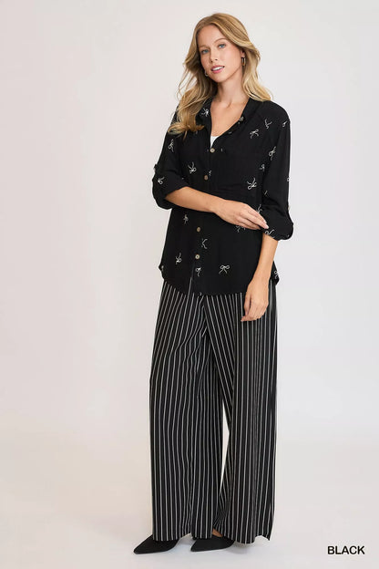 Ribbon Linen Blend Button Up Shirt in Black | Trendy Shirts Outfit Idea for Women by Ro + Ivy | Elevated Basics, Modern Comfort & Style